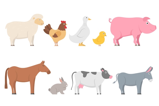 Vetor conjunto de animais de fazenda e pássaros em moderno estilo simples. coleção de personagens de desenhos animados, isolada no fundo branco. ovelha, cabra, vaca, burro, cavalo, porco, gato, cachorro, pato, ganso, galinha, galo.