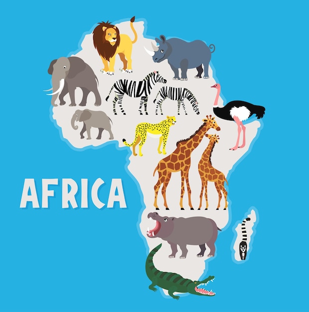 Conjunto de animais de safári da áfrica. mapa dos desenhos animados de animais