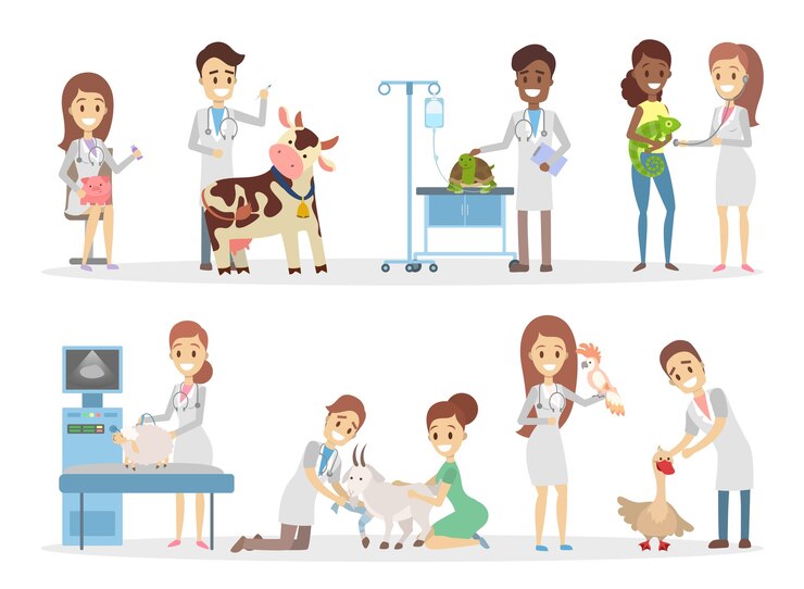 Vetor conjunto de animais fofos como vaca, porco, cabra e outros passam por um exame veterinário na clínica. as pessoas cuidam dos animais de estimação. ilustração