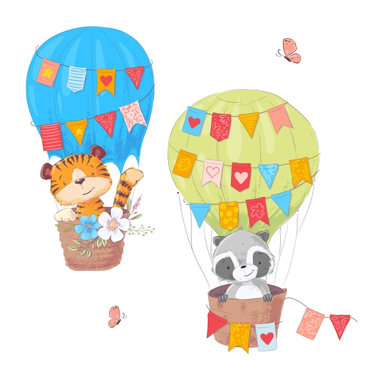 Vetor conjunto de animais fofos de desenhos animados leão e guaxinim em um balão com flores e bandeiras