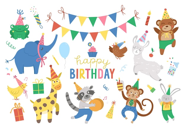 Conjunto de animais fofos e alegres em chapéus de festa clipart de comemoração de festa de aniversário pacote de férias de vetor