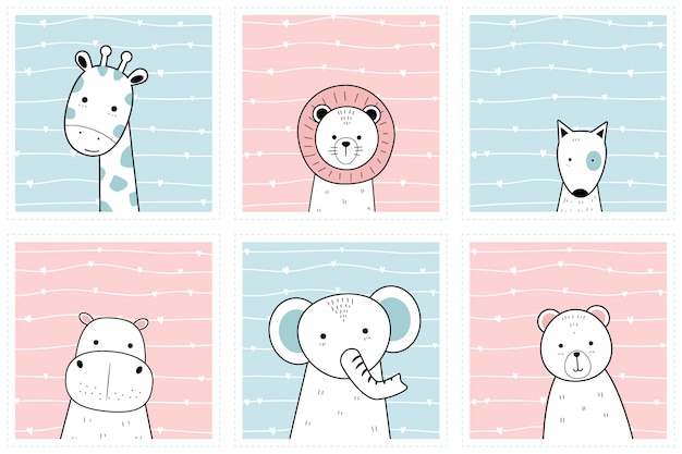 Conjunto de animais fofos no quadro dos desenhos animados doodle coleção de papel de parede