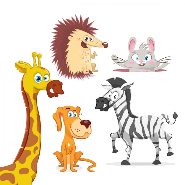 Conjunto de animais, girafa, zebra, cachorro, coelho e ouriço