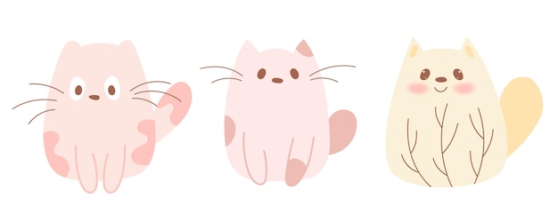 Conjunto de animais kawaii em estilo plano desenhado à mão Conjun to de gatos bonitos com folhas Ilustração vetorial Desenho de personagens de animais de desenho animado Cores pastel Cores rosas e amarelas