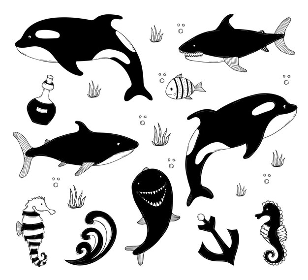 Conjunto de animais marinhos baleia assassina de baleia grande e bonitinha e tubarão cavalo-marinho e golfinho esboço linear doodle