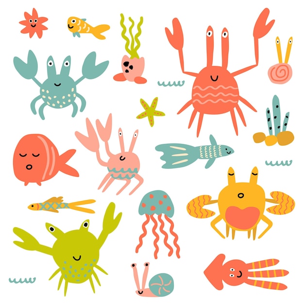 Conjunto de animais marinhos caranguejos peixes lulas estrelas de mar caracóis águas-vivas no estilo infantil