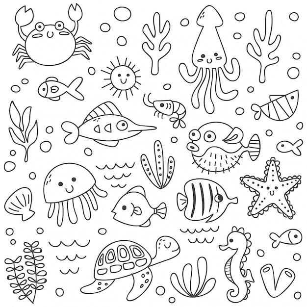 Vetor conjunto de animais marinhos fofos no estilo doodle
