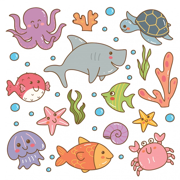 Conjunto de animais marinhos kawaii conjunto
