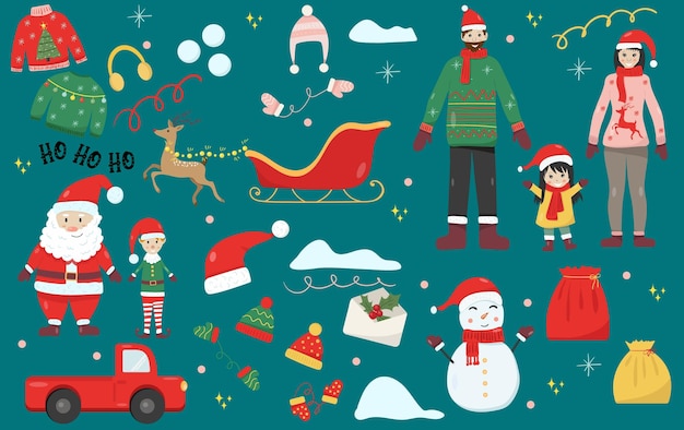 Conjunto de ano novo com papai noel, boneco de neve, elfo, carro familiar, suéter, chapéu, veado