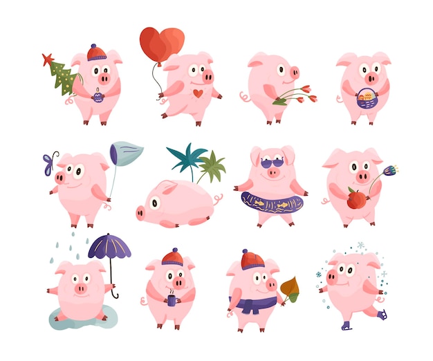 Conjunto de ano novo de 2019 com porcos rosa planos de desenho de Natal