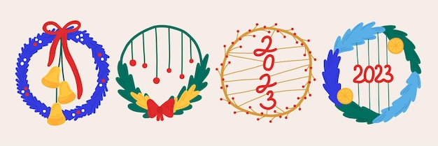 Conjunto de ano novo guirlanda de natal em estilo desenhado à mão com elementos de adesivos de ícones isolados de ornamento