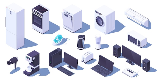 Conjunto de aparelhos elétricos domésticos Design de desenho animado Coleção de frigorífico forno lavadora de pratos máquina de lavar roupa ar condicionado desktop laptop televisão fundo branco Ilustração vetorial isométrica