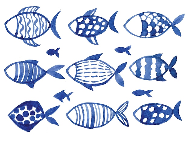 conjunto de aquarela com peixe desenho simples para crianças peixe azul em um rabisco de fundo branco