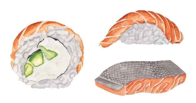 Conjunto de aquarela filadélfia com sushi de salmão