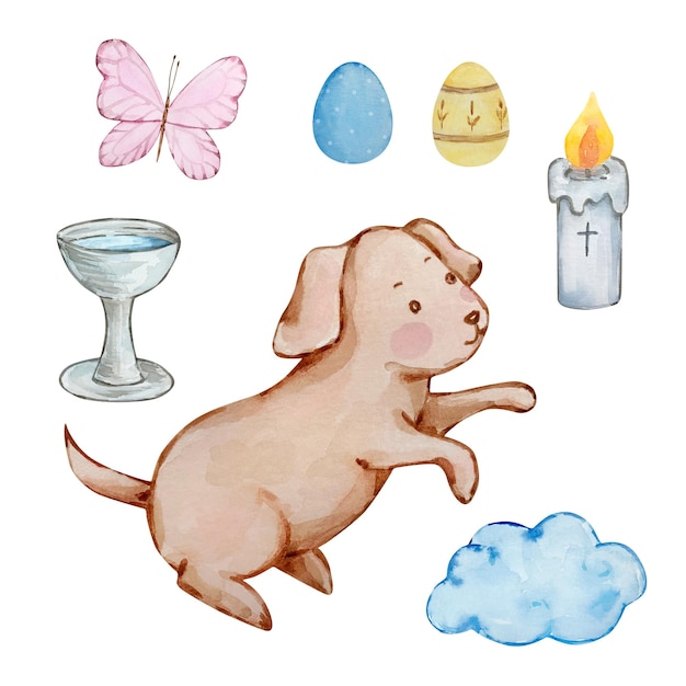 Conjunto de aquarelas de cão anjo bebé bonito