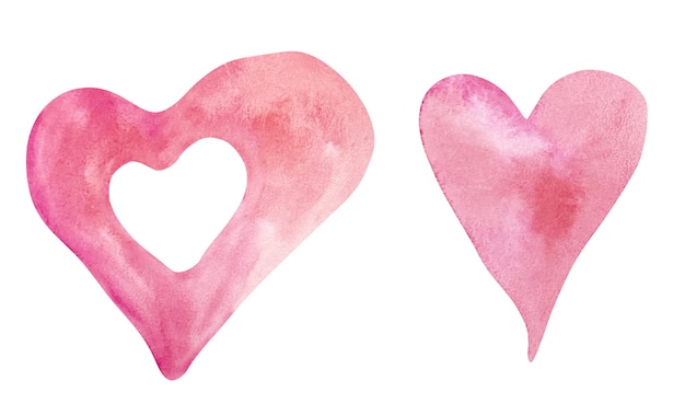 Conjunto de aquarelas de corações roxos e vermelhos rosa para o dia dos namorados