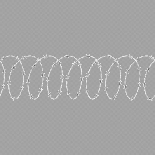 Conjunto de arame farpado de forma espiral em fundo transparente. Horizontal sem costura padrão com arame farpado.