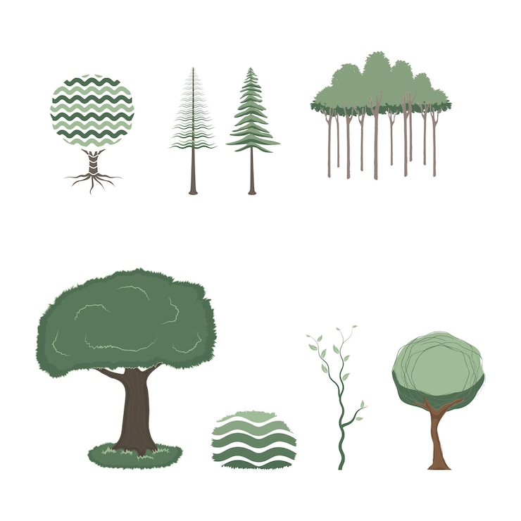 Vetor conjunto de arbustos naturais e árvores de jardim para ilustração de chalé e quintal em fundo branco