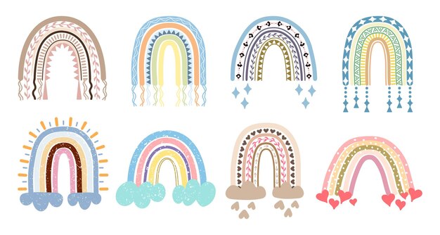 Conjunto de arco-íris boêmio escandinavo, decoração de crianças boho desenhadas à mão com arco-íris fofo Ilustração em vetor estilo étnico