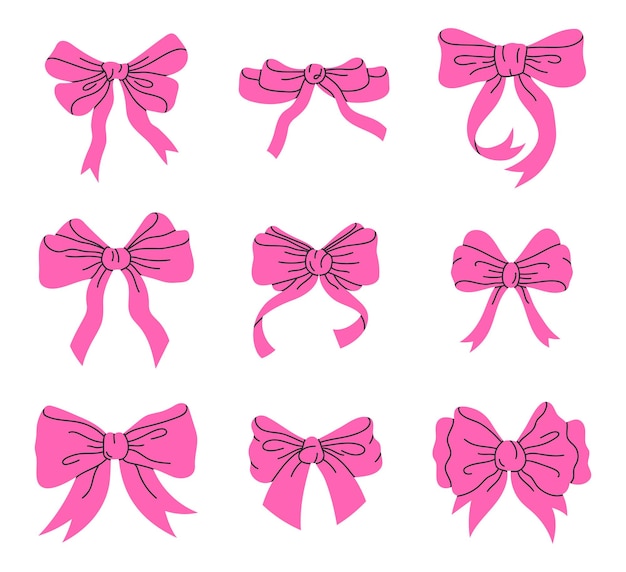 Vetor conjunto de arcos rosa arcos de seda para feriados caixa de presente presentes de aniversário decorações de fita rosa coleção de ilustração vetorial plana arcos desenhados à mão