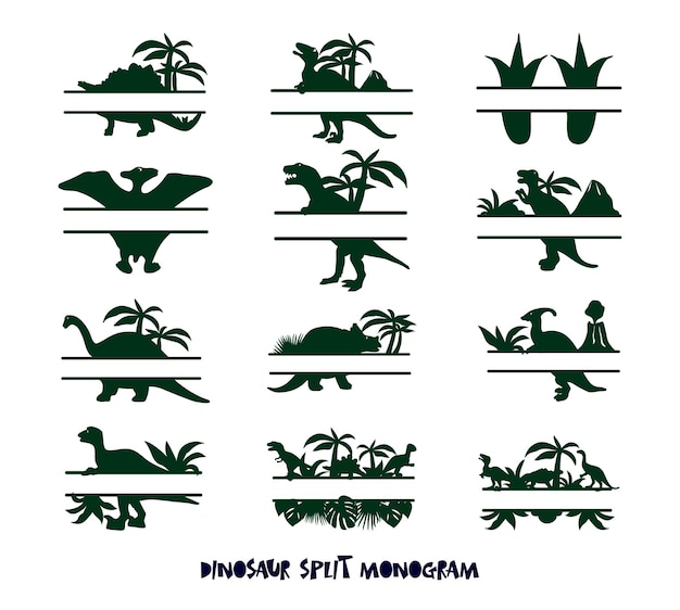 Conjunto de armações de borda de monograma. silhueta de dinossauro com lugar para nome de criança.