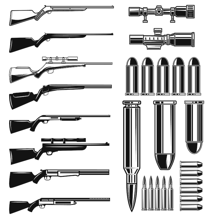 Vetor conjunto de armas de estilo vintage isoladas em fundo branco elementos de design para logotipo, rótulo, emblema e sinal ilustração vetorial