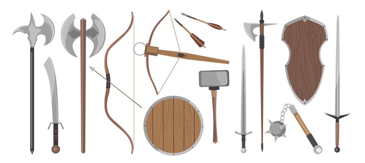 Vetor conjunto de armas medievais autênticas para guerreiros e cavaleiros históricos ilustração vetorial de desenho animado