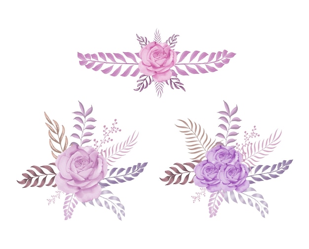 Conjunto de arranjos florais em aquarela de rosas e folhas premium vector