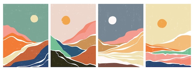 Conjunto de arte da paisagem paisagem de fundos estéticos contemporâneos de montanha abstrata com ilustrações vetoriais de montanha sol lua rio e céu