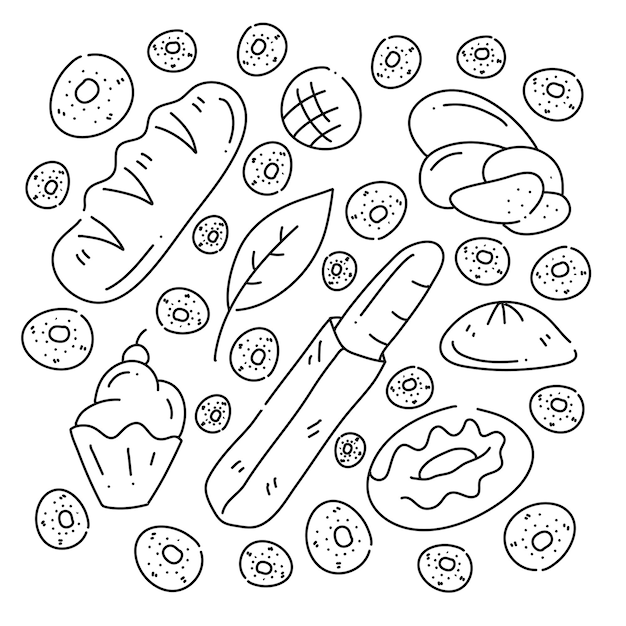 Conjunto de arte de doodle de pão e bolo de padaria para recursos de comida e bebida com estilo de linha