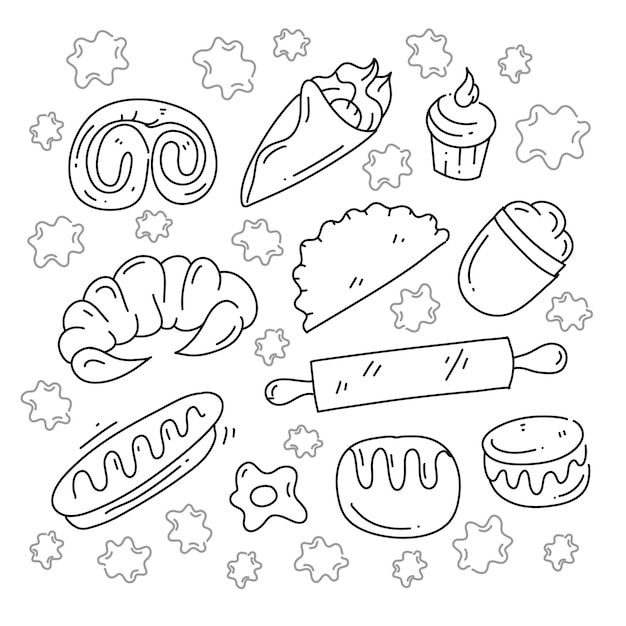 Conjunto de arte de doodle de pão e bolo de padaria para recursos de comida e bebida com estilo de linha