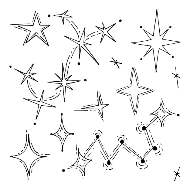 Conjunto de arte de linha de estrelas celestiais ciência astronômica das estrelas constelação de cosmos brilhante universo espacial mão desenhada vector ilustração doodle preto e branco elemento de contorno simples