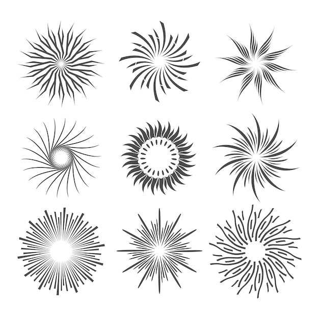 Vetor conjunto de arte de linha de logotipo de explosão de fogo de artifício sunburst star tag emblema web banner