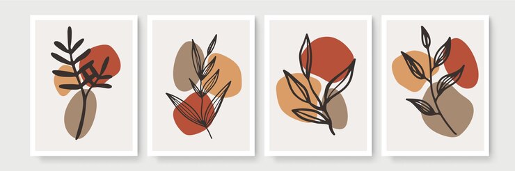 Vetor conjunto de arte de parede botânica. terra tom boho folhagem arte linha desenho com forma abstrata. projeto de arte de planta abstrata para impressão, capa, papel de parede, arte de parede mínima e natural