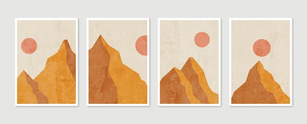 Conjunto de arte de parede de montanha. fundos de paisagens em tons de terra definidos com lua e sol.