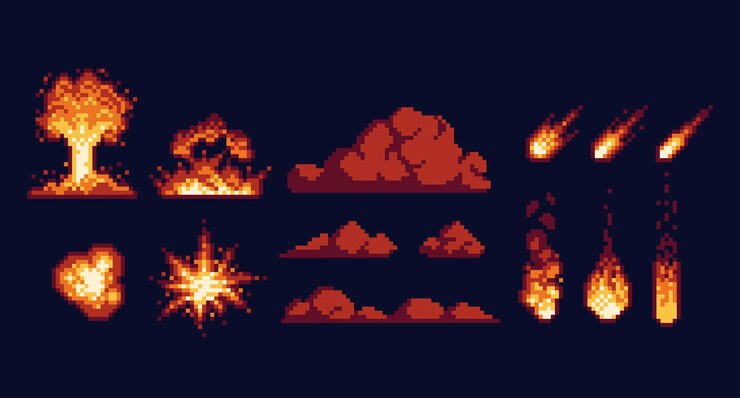 Vetor conjunto de arte de pixel de explosão de bomba de nuvem de cogumelo nuclear explosão de chuva de fogo coleção de cometas quentes fuligem
