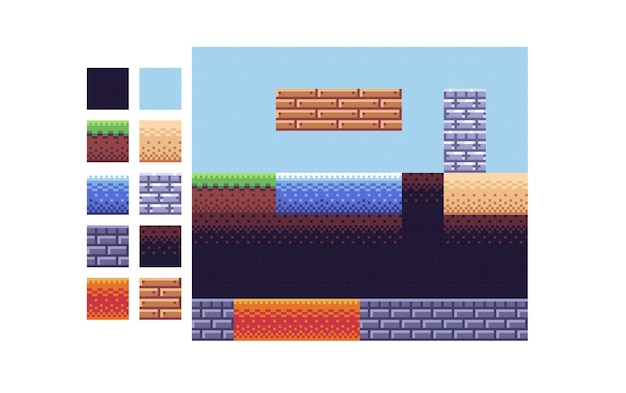 Conjunto de arte de pixel de telha quadrada. coleção de grade de textura de solo diferente.