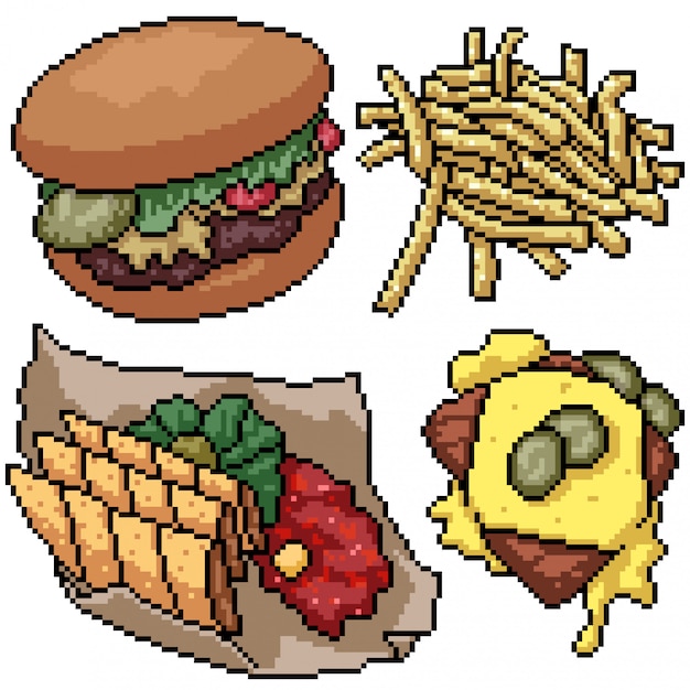 Conjunto de arte de pixel isolado lanche de junk food