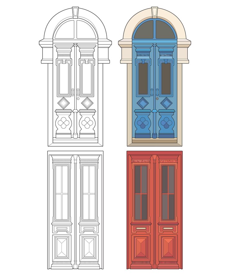 Vetor conjunto de arte vetorial de porta antiga porta antiga isolada em fundo branco porta antiga em vetor de estilo de arte de linha para livro de colorir