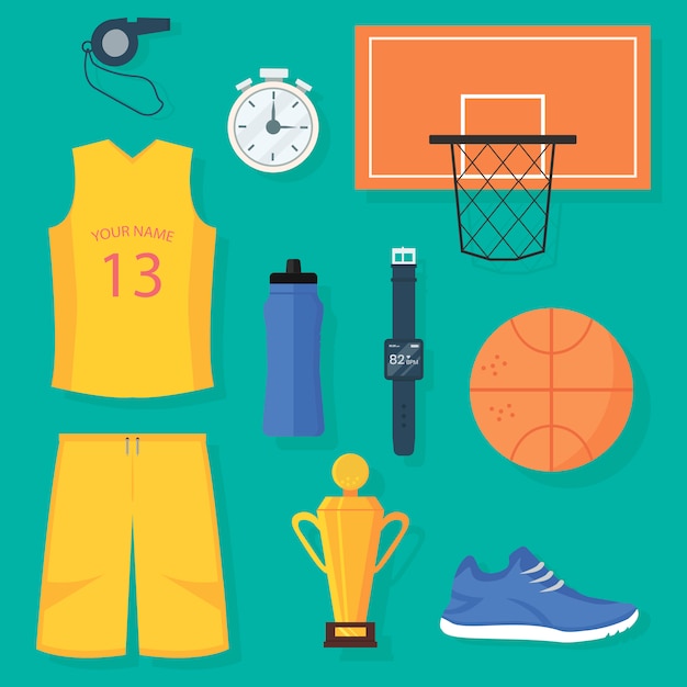 Conjunto de artigos de basquete: uniforme, bola, cesta, troféu de ouro, temporizador, relógios de pulso digitais com monitor de pulso, garrafa de água, sapato esporte e apito