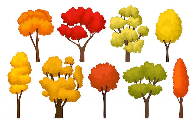Conjunto de árvores de outono com folhas brilhantes. plantas da floresta para jogo para celular. tema da natureza