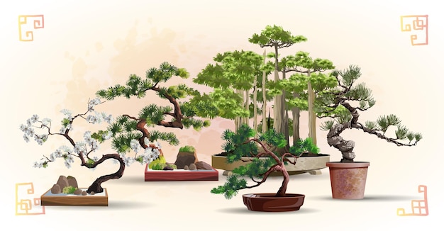 Conjunto de árvores japonesas de bonsai cultivadas em recipientes. Linda árvore realista. Árvore em estilo bonsai. Árvore de bonsai na caixa vermelha. Ilustração em vetor pequena árvore decorativa. Arte da natureza