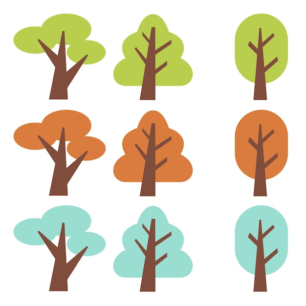 Conjunto de árvores planas árvore de floresta plana natureza planta isolada folhagem ecológica