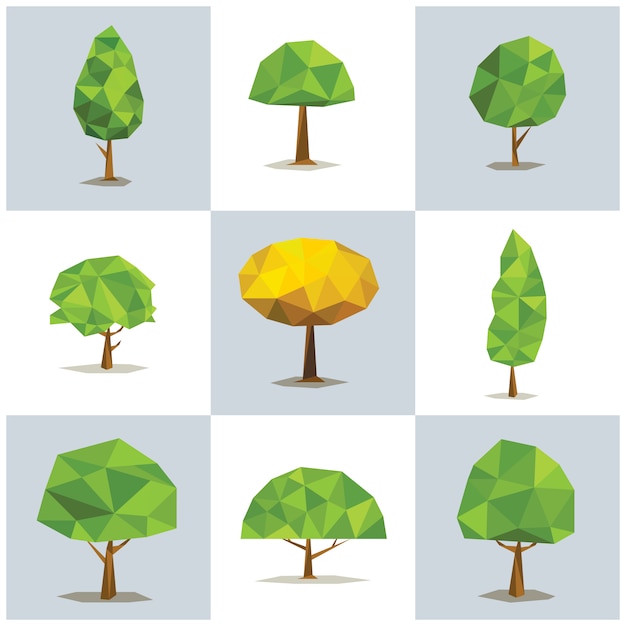Conjunto de árvores poligonais com coroas diferentes. árvore abstrata baixa poli, ilustração do vetor.