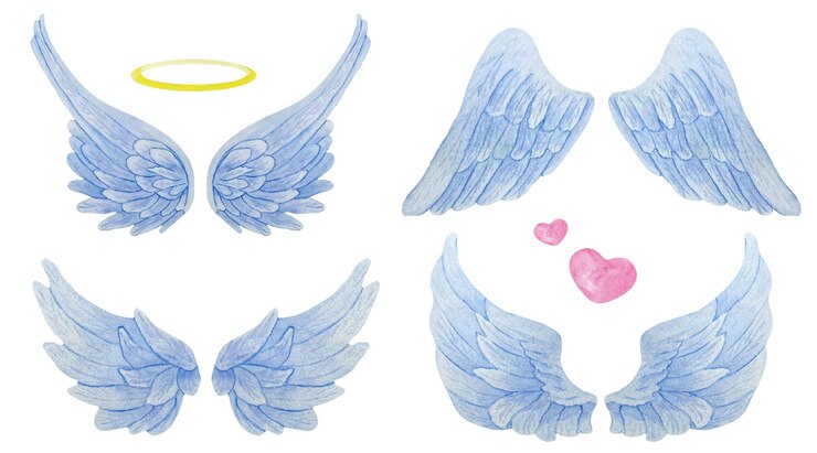 Vetor conjunto de asas de anjo azul aquarela com halo de ouro e corações ilustração realista de asas