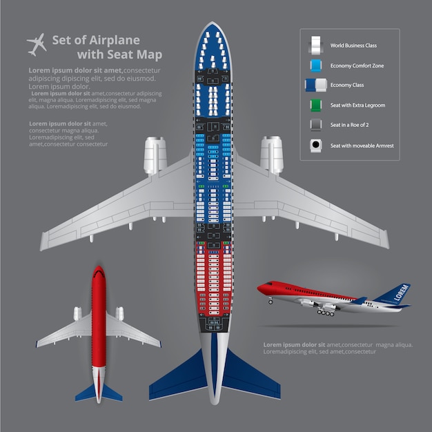 Conjunto de aterragem de avião com mapa de assento isolado