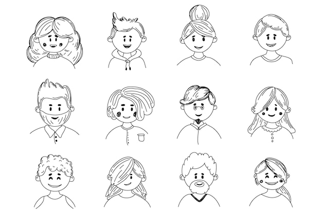 Conjunto de avatar de doodle de pessoas diversidade de homens e mulheres velhos e jovens com penteados diferentes ilustração vetorial em estilo de desenho plano conjunto de ícones de retratos