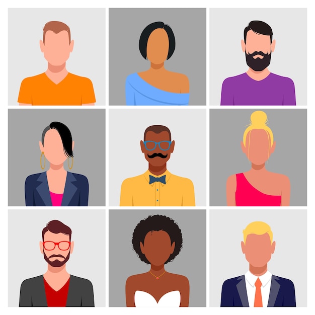 Conjunto de avatar de pessoas com rostos em branco Cabelo e roupas de cores de pele diferentes