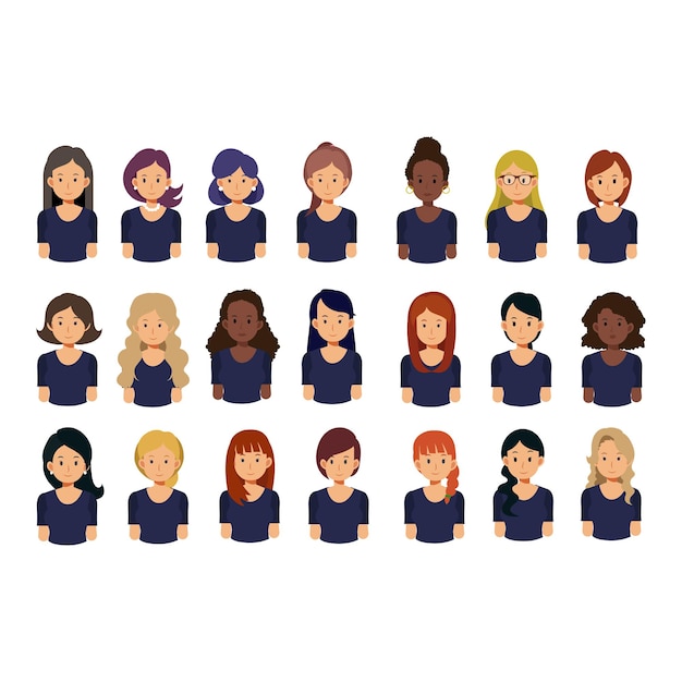 Conjunto de avatar feminino. garotas bonitas com penteados diferentes. coleção de ilustração de avatares de personagem plana.