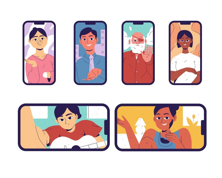 Vetor conjunto de avatares de homens e mulheres em smartphones ilustração vetorial em estilo simples